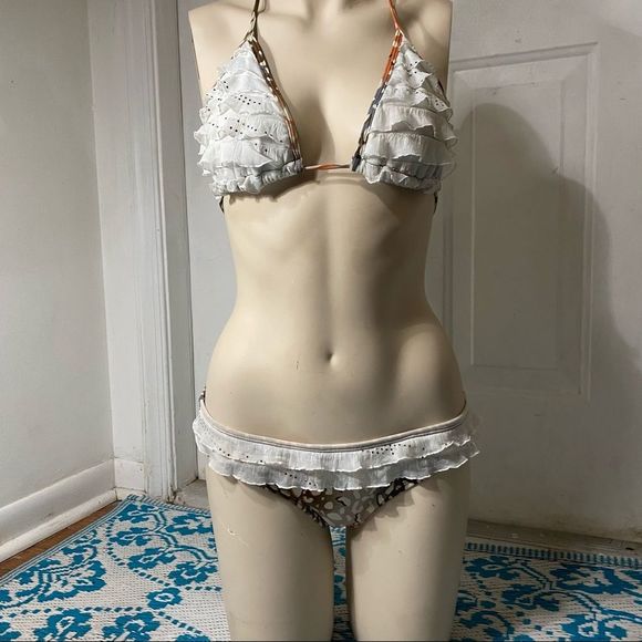 Brazilian String Bikini Cheetah Ruffled Lg - Picture 2 of 11